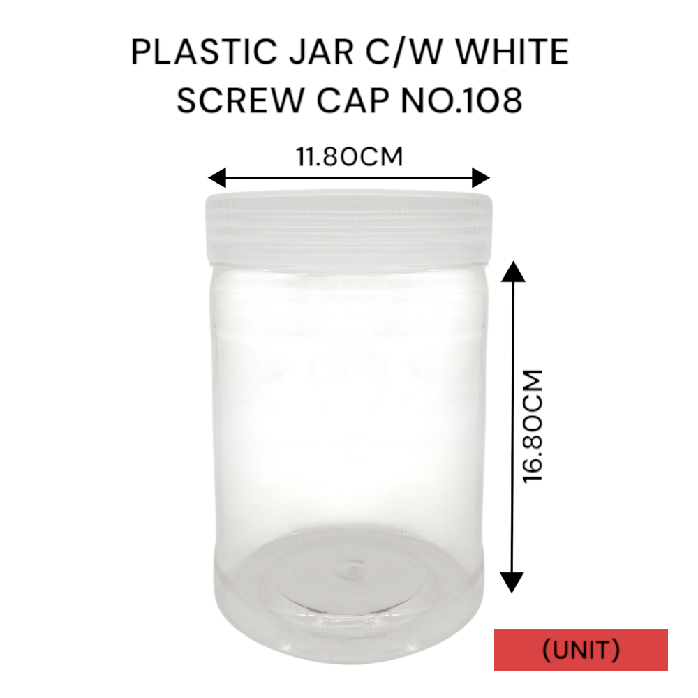 PLASTIC JAR C/W WHITE SCREW CAP NO.108 PER UNIT