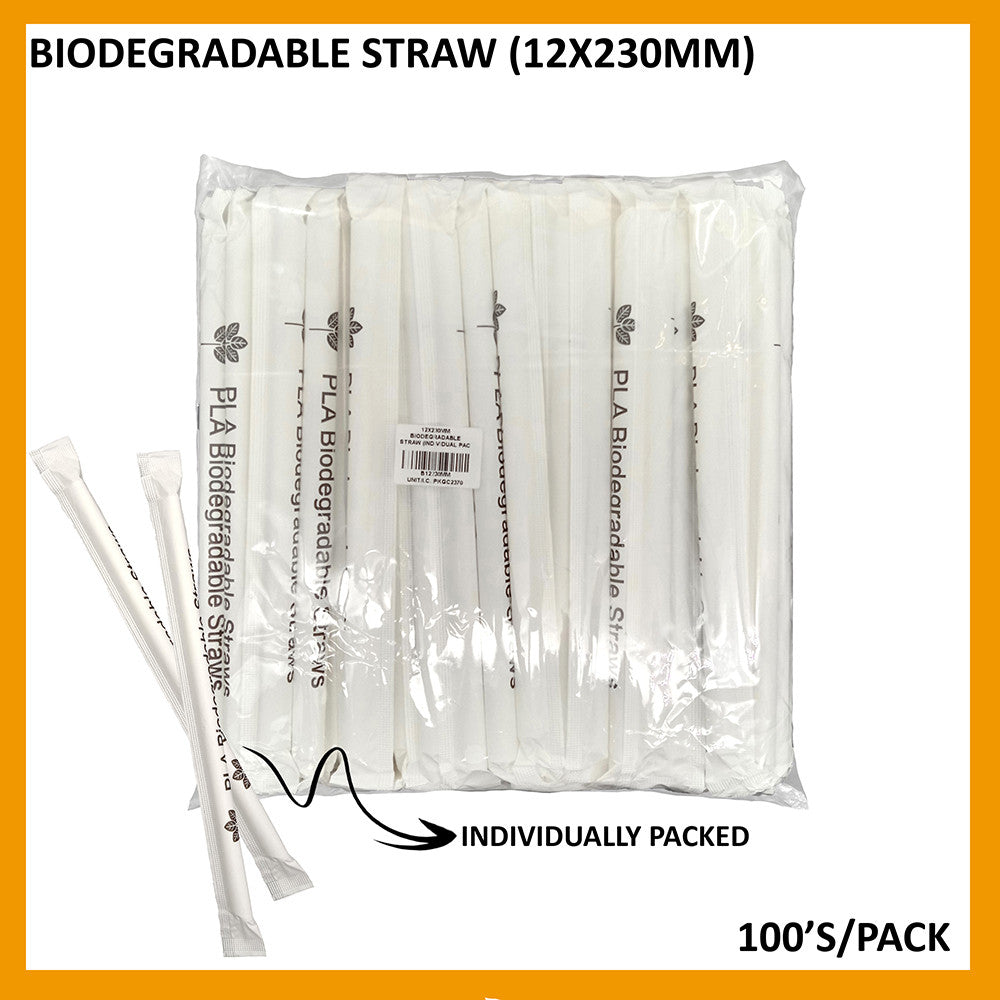 12X230MM BIODEGRADABLE STRAW (INDIVIDUAL PACK) 100'S Per Pack