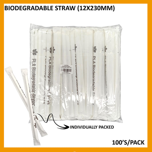 12X230MM BIODEGRADABLE STRAW (INDIVIDUAL PACK) 100'S Per Pack