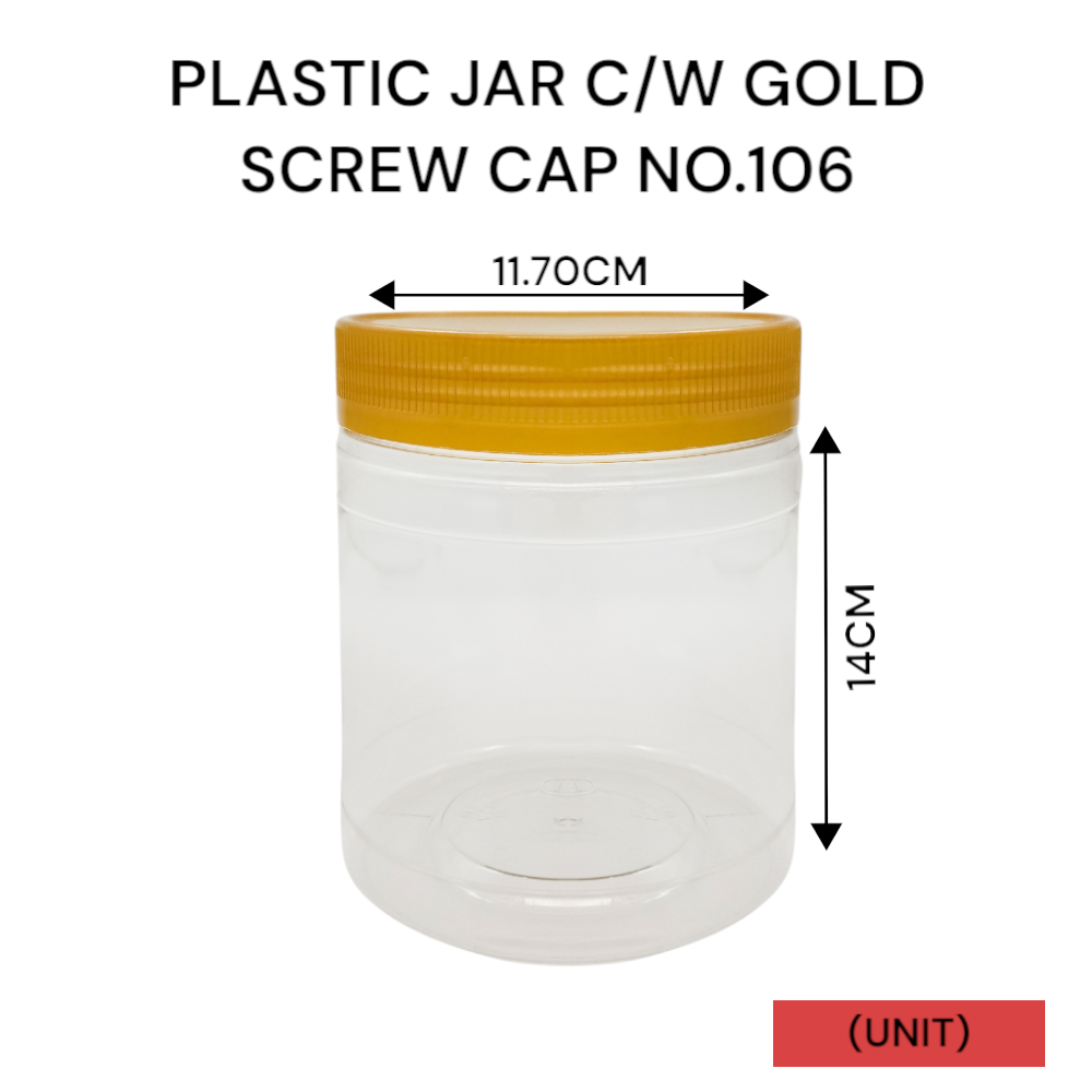 PLASTIC JAR C/W GOLD SCREW CAP NO.106 PER UNIT