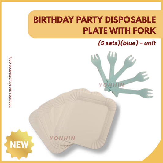 BIRTHDAY PARTY DISPOSABLE PLATE WITH FORK (5SETS) (BLUE)-UNIT