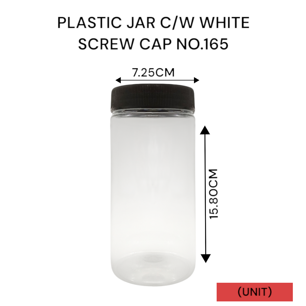 PLASTIC JAR C/W BLACK SCREW CAP NO.165 PER UNIT