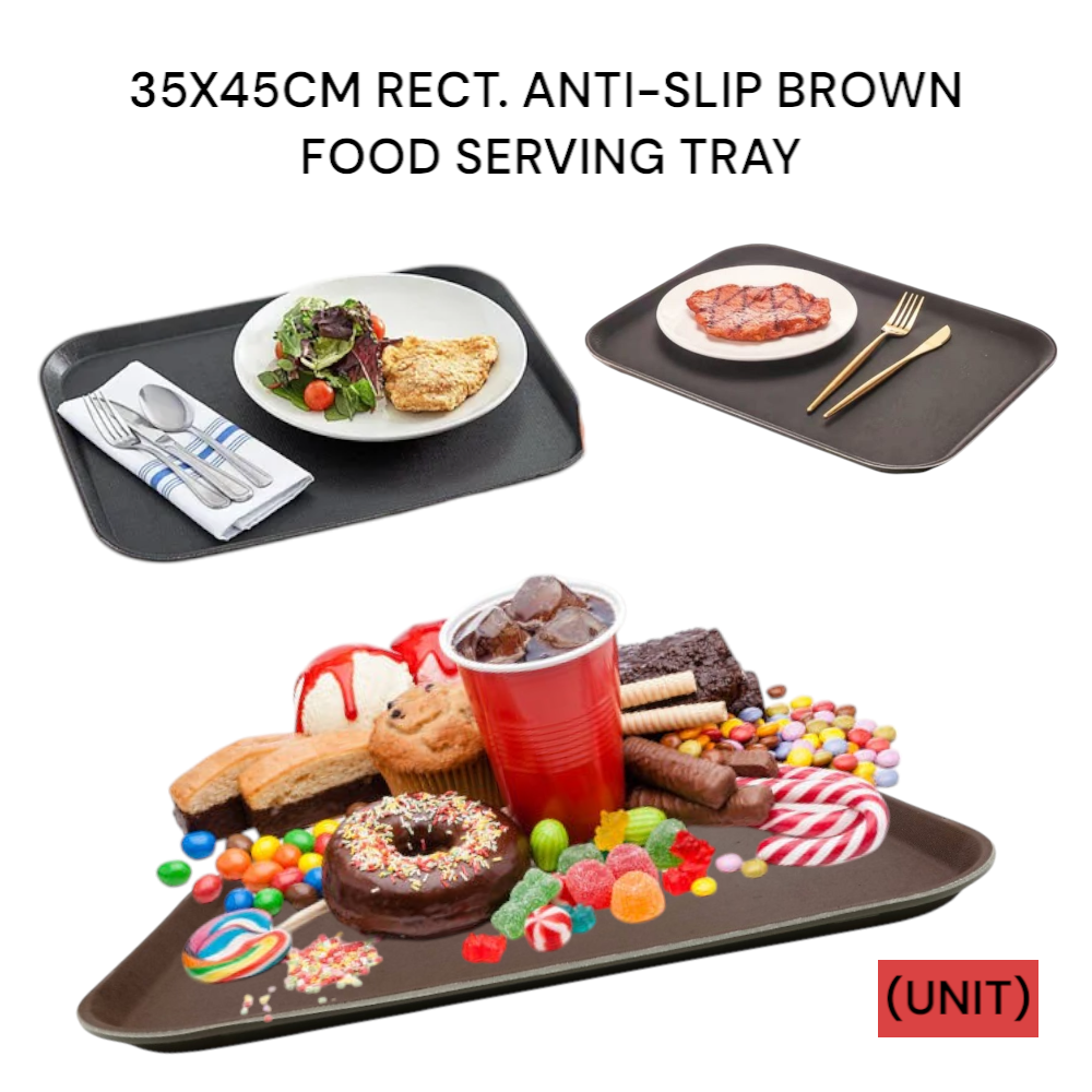 35X45CM RECT. ANTI-SLIP BROWN FOOD SERVING TRAY (B36-26B 1418) PER UNIT