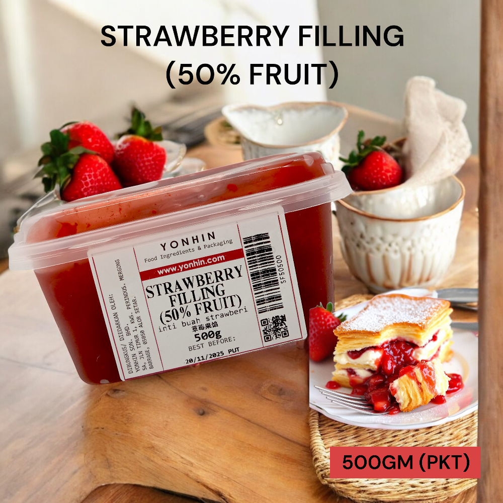 STRAWBERRY FILLING (50% FRUIT) 500GM PER PKT