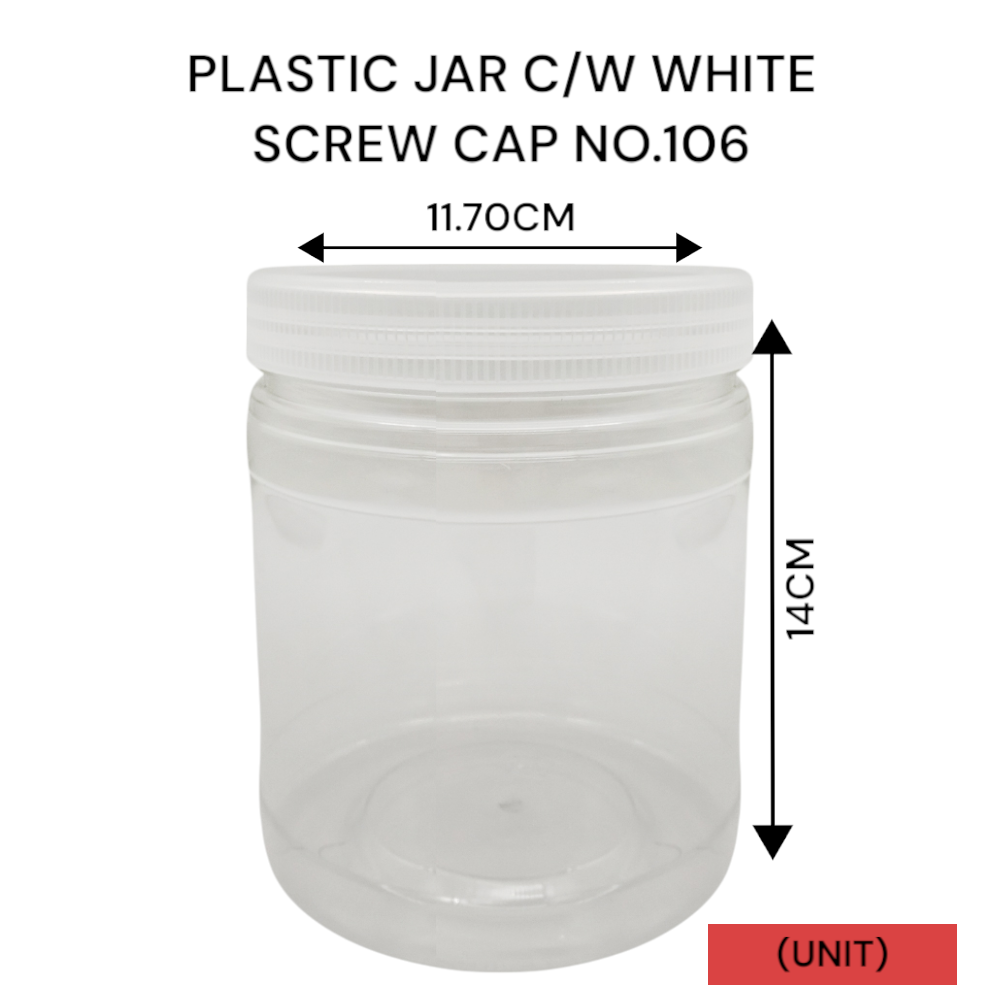 PLASTIC JAR C/W WHITE SCREW CAP NO.106 PER UNIT