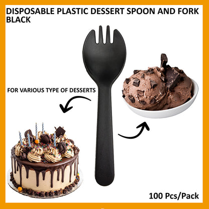DISPOSABLE PLASTIC DESSERT SPOON AND FORK (BLACK) 100'S Per Pack