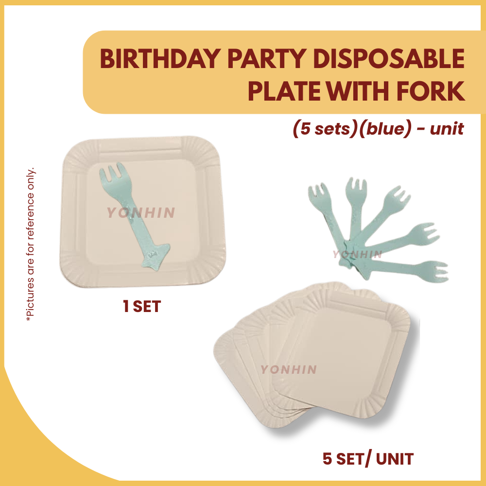 BIRTHDAY PARTY DISPOSABLE PLATE WITH FORK (5SETS) (BLUE)-UNIT