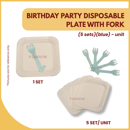 BIRTHDAY PARTY DISPOSABLE PLATE WITH FORK (5SETS) (BLUE)-UNIT