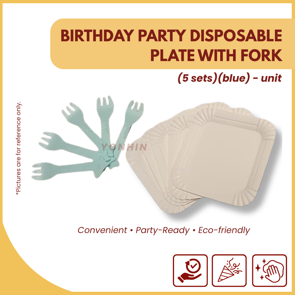 BIRTHDAY PARTY DISPOSABLE PLATE WITH FORK (5SETS) (BLUE)-UNIT