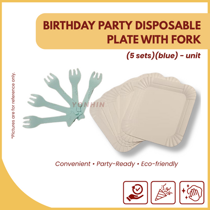 BIRTHDAY PARTY DISPOSABLE PLATE WITH FORK (5SETS) (BLUE)-UNIT