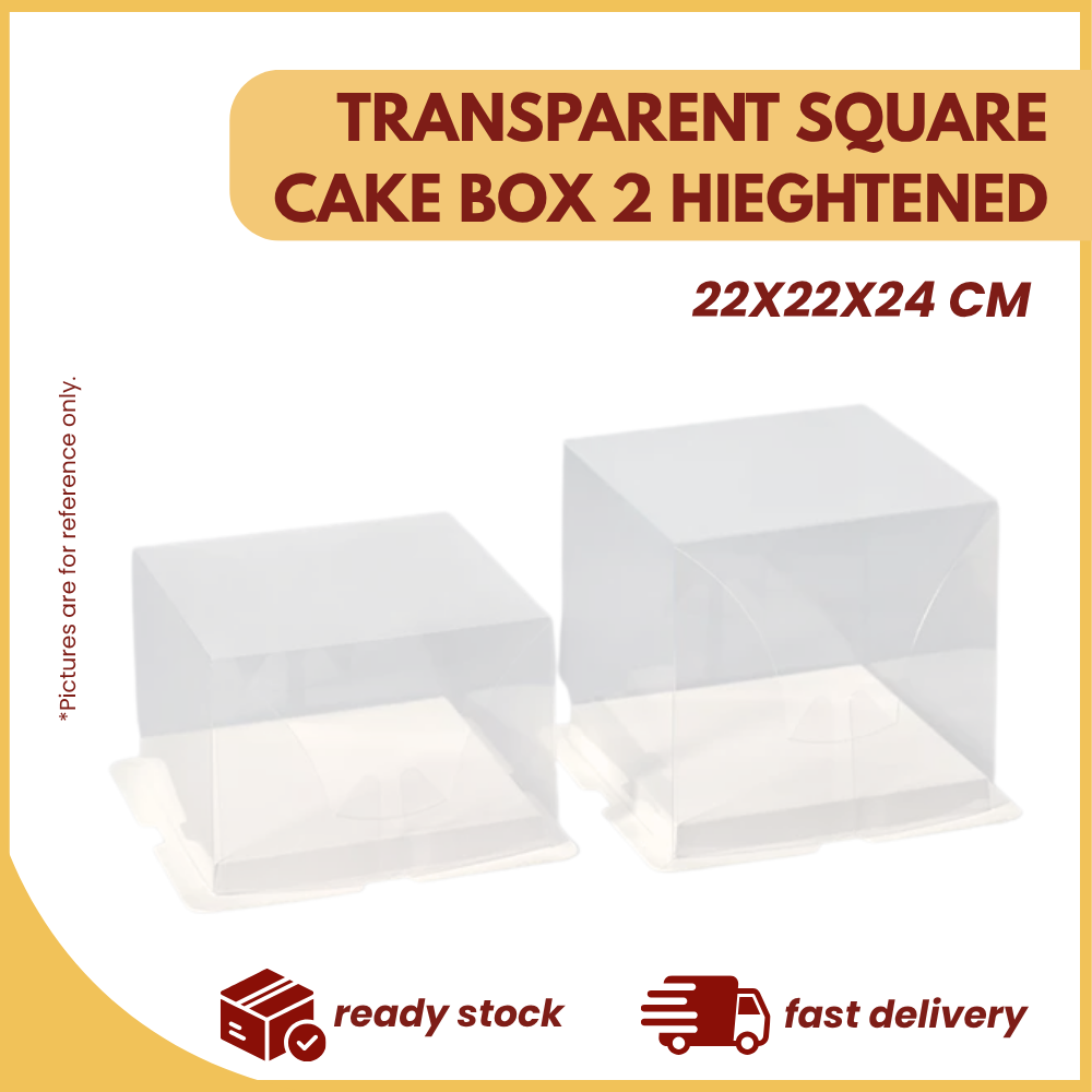 TRANSPARENT SQUARE CAKE BOX 2 HIEGHTENED 22X22X24CM-UNIT